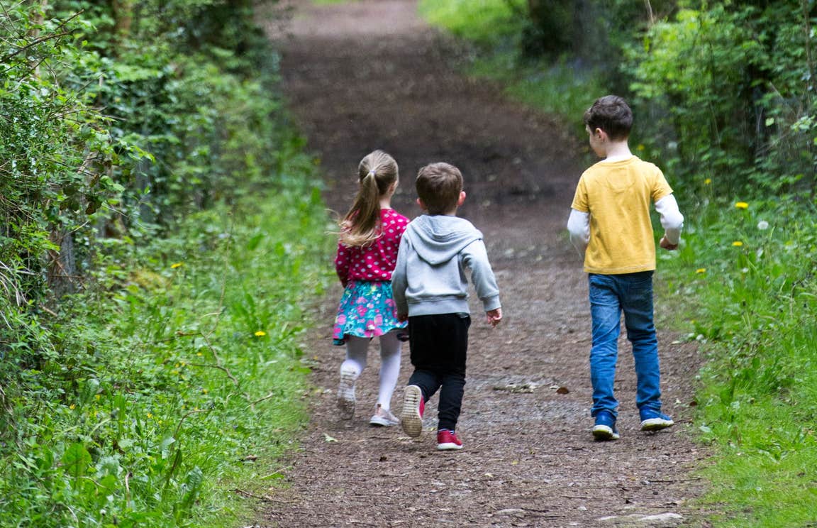 Three children walking down a woodland trail
